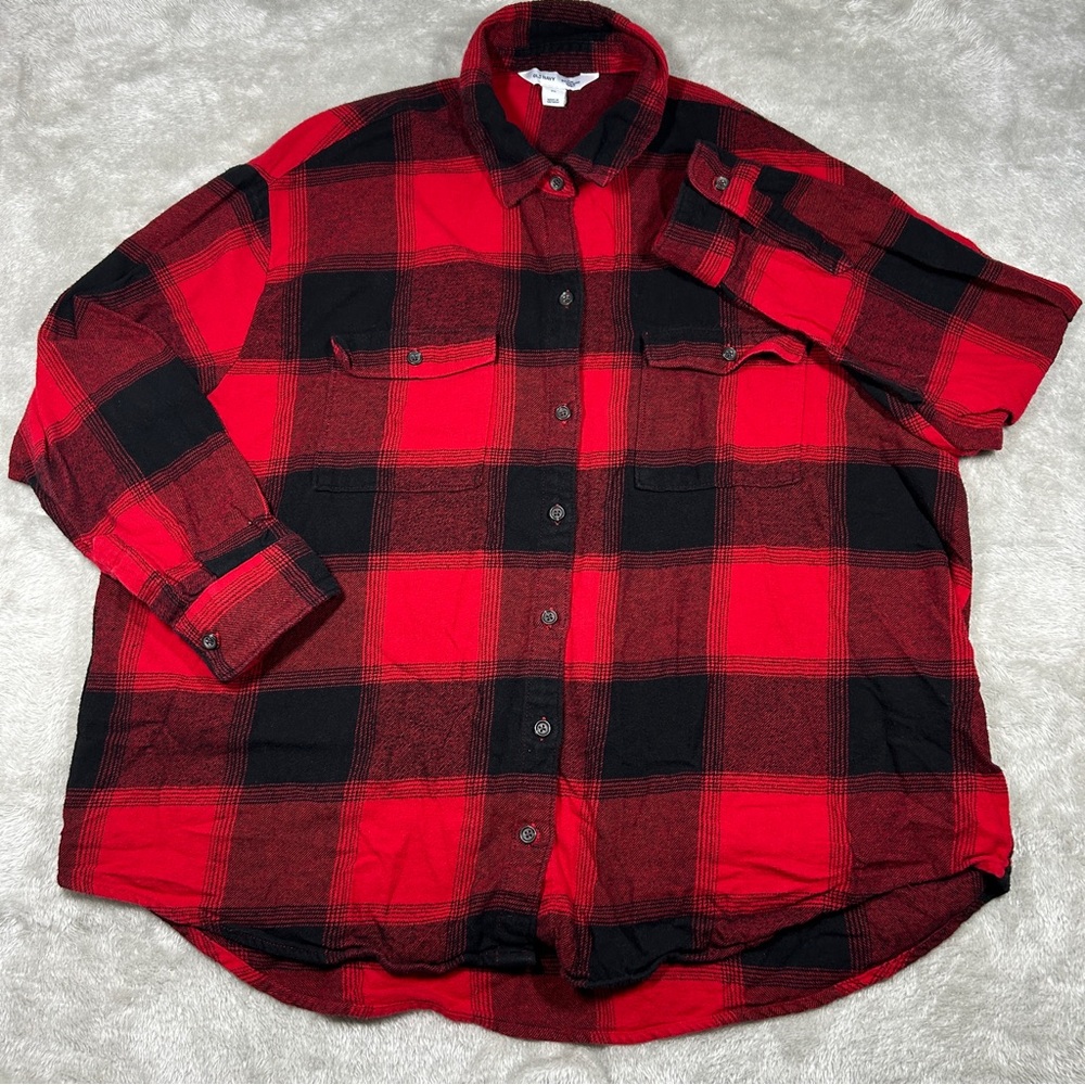 Old Navy The Boyfriend Shirt Button Up Flannel Red Black Plaid Women's Size XL